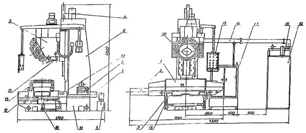 Розташування складових частин бесконсольного вертикально-фрезерного верстата МА-655